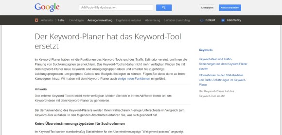 Das Google Keyword-Tool wurde ersetzt durch den Google Keyword Planner