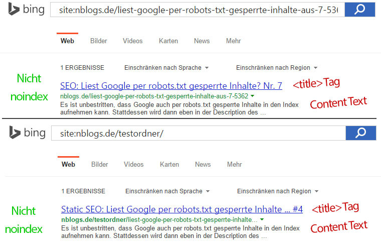 Bing Suchergebnis, obwohl die URLs per robots.txt gesperrt sind