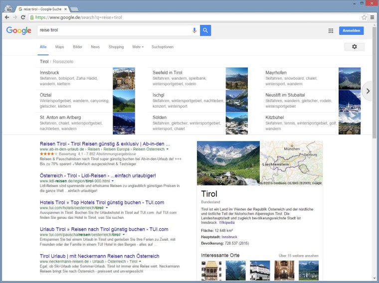Google Carousel zu einem Bundesland "Reise Tirol"