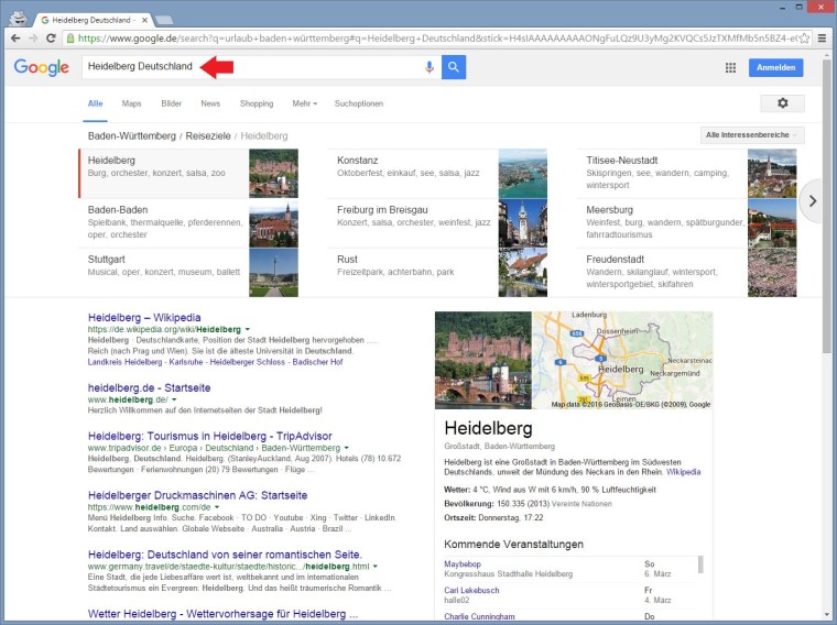 Google Carousel-Suchergebnis nach Klick auf Heidelberg