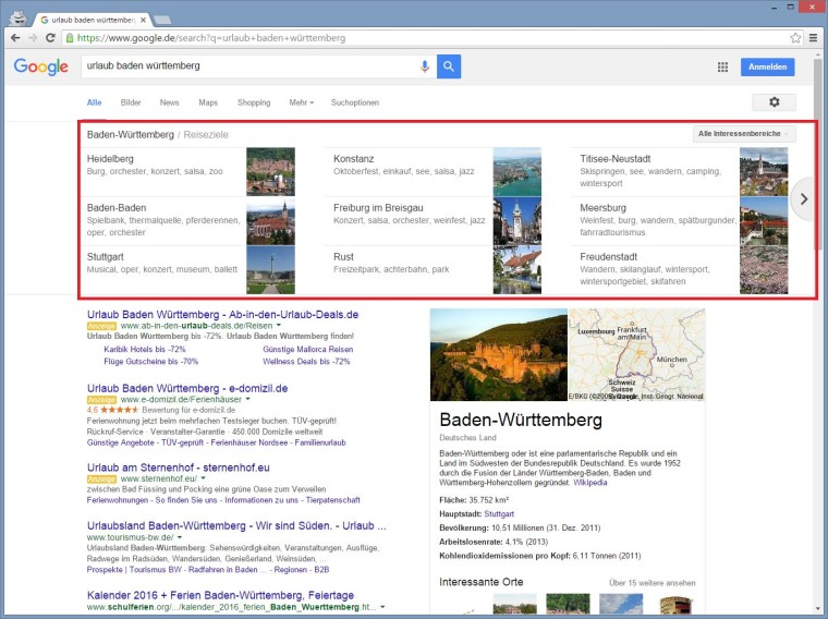 Google Carousel Suchergebnis zu "Urlaub Baden Württemberg"