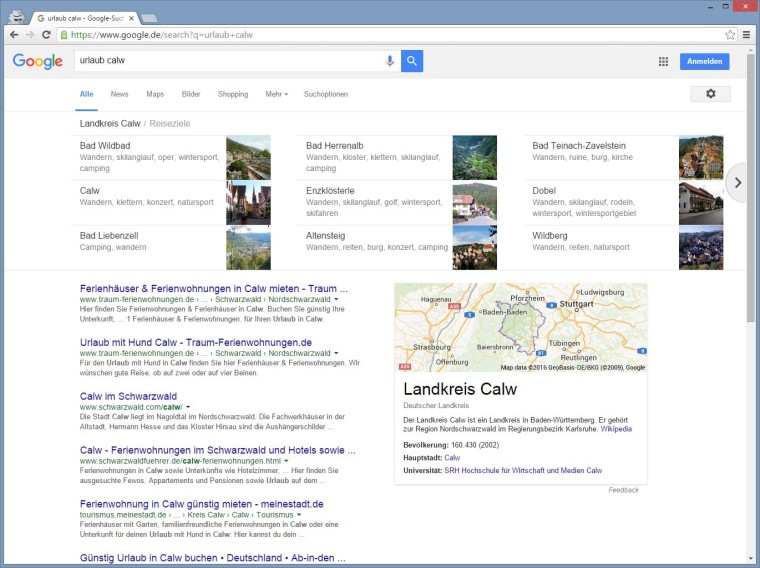 Google Carousel für den Landkreis Calw zum Keyword "Urlaub Calw"