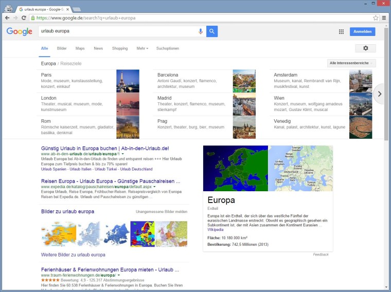 Google Carousel für Staatenbünde wie "Urlaub Europa"